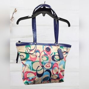 Gently Used Coach Signature Stripe Ikat Print Canvas Royal Blue Trimmed Tote Bag